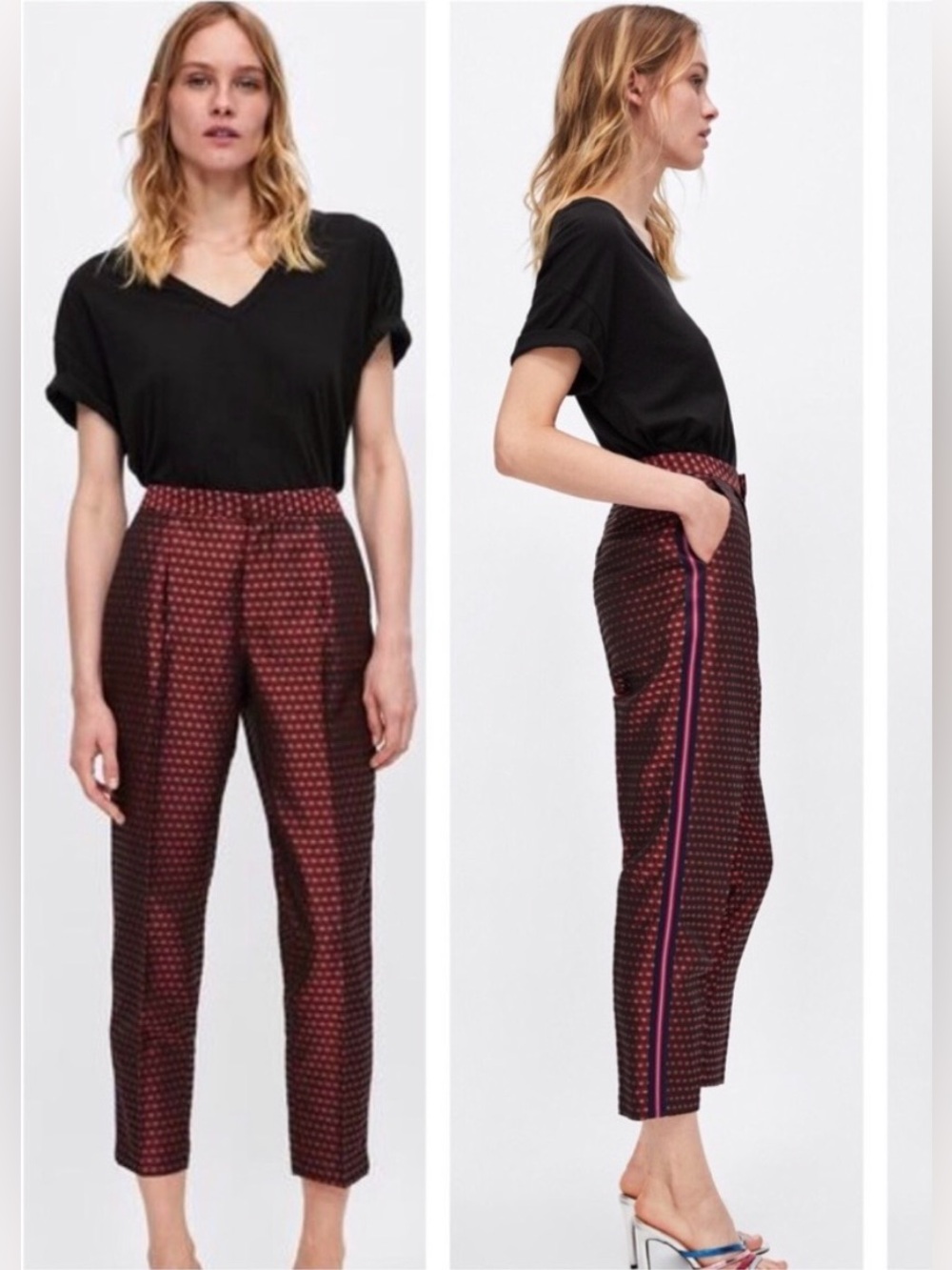 Zara Basics Jacquard Burgundy Floral Side Striped Pants Sz XS